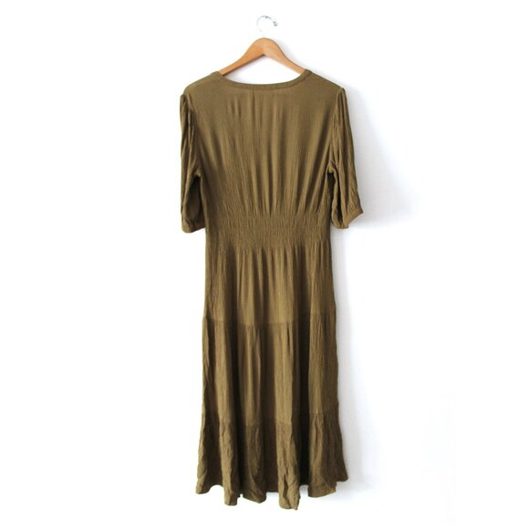 ba&sh Norma Midi Dress / Large / US 8 / Khaki Green V-Neck Smocked - Picture 6 of 11